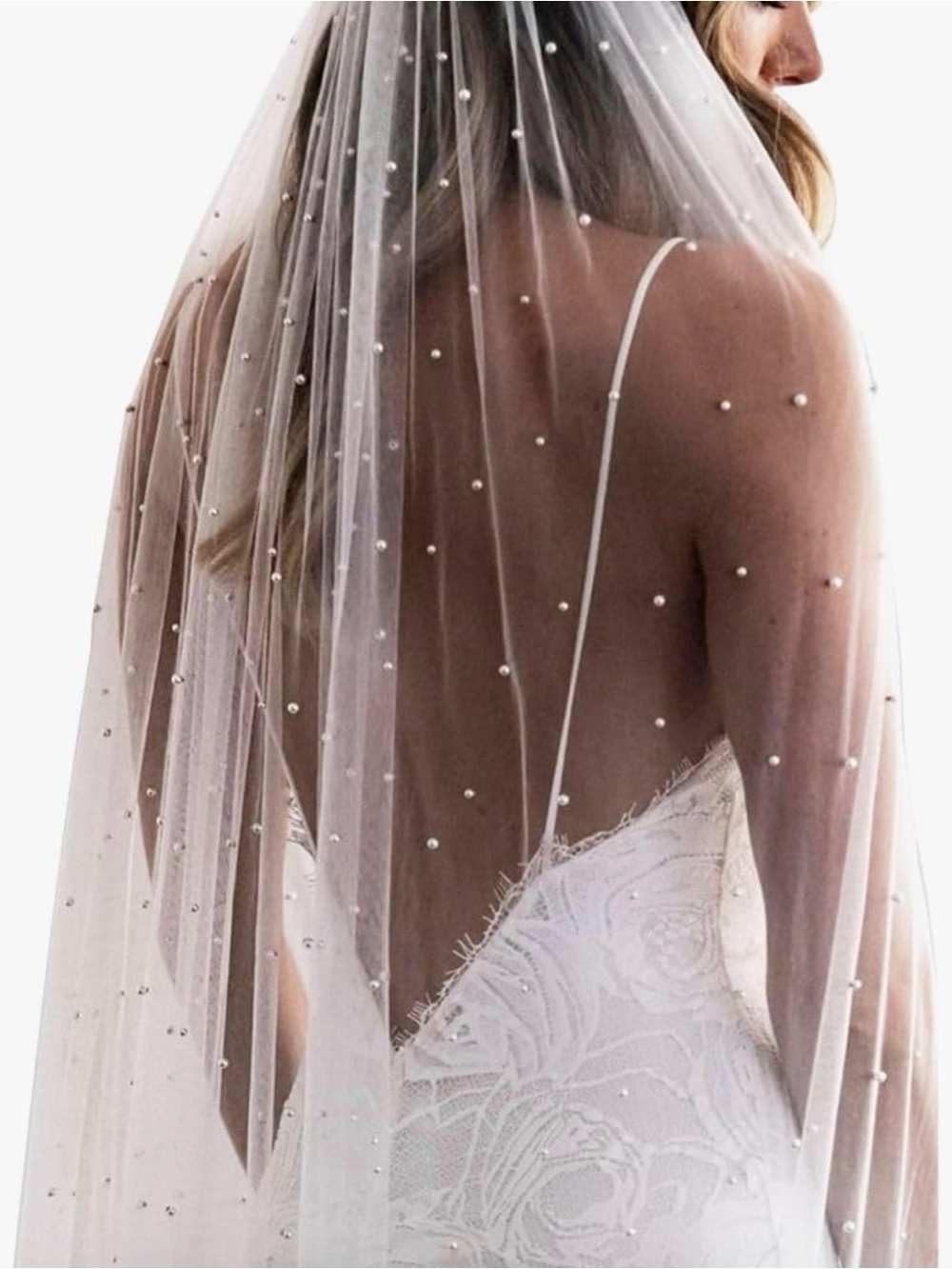 Pearl-Embellished White Bridal Veil